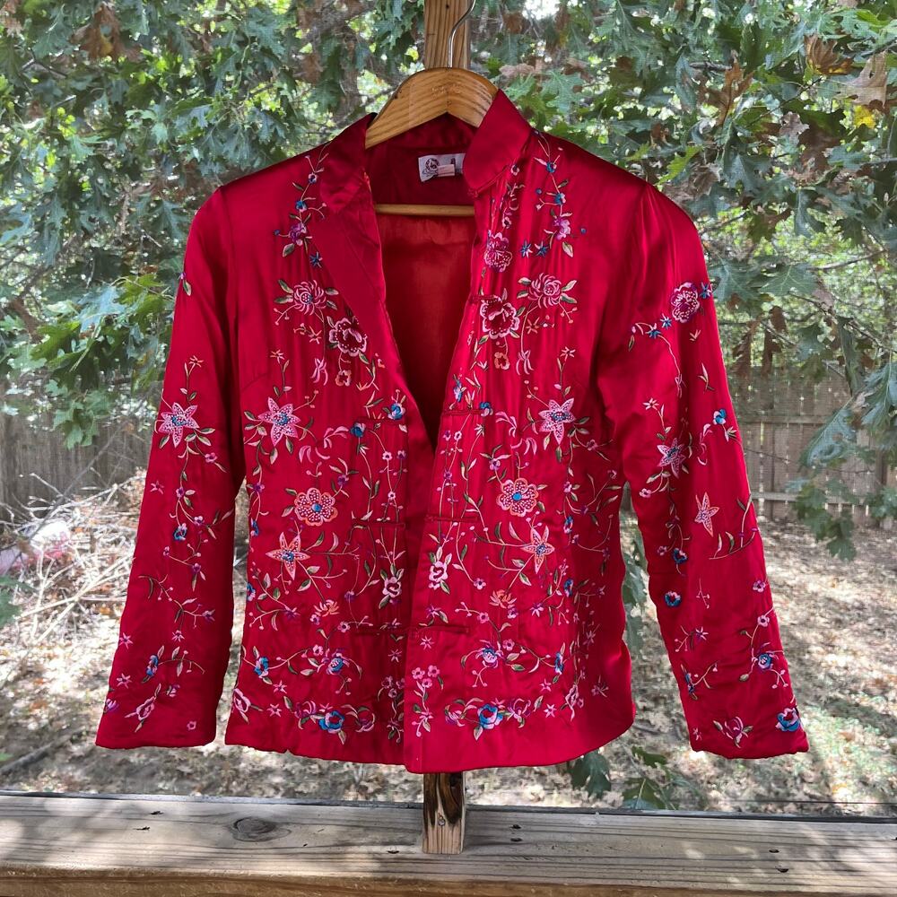 Women's Red Embroidered Asian Satin Jacket Size S
